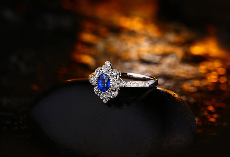 14K White Gold 0.50ct Blue Sapphire Pave Diamond Engagement Ring for Her