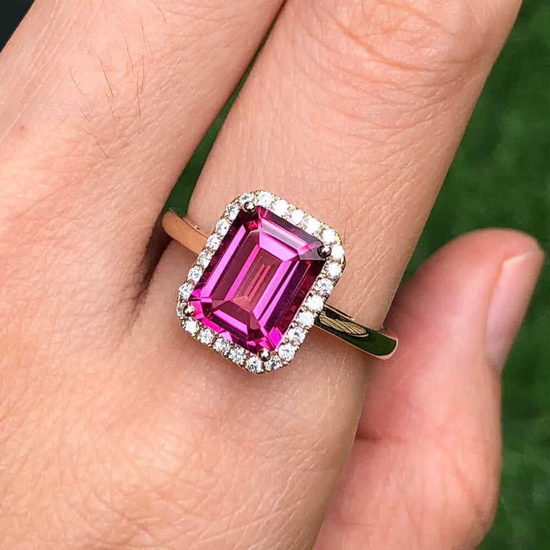 14k Yellow Gold Emerald Cut Pink Topaz Halo Diamond Engagement Ring for her