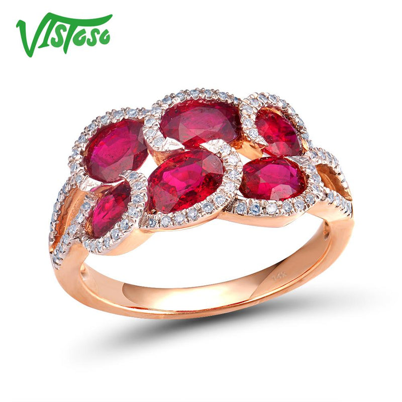 VISTOSO 14K 585 Rose Gold Fancy Ruby Glittering Diamond Ring