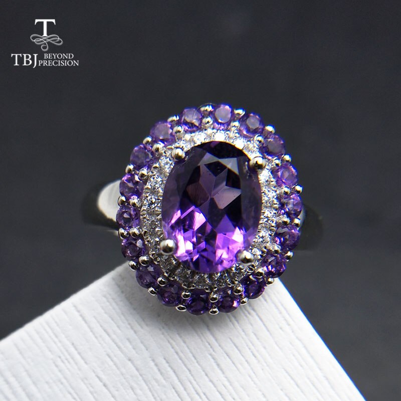 TBJ 925 Sterling Silver Natural 3ct oval 7*9mm High Quality Amethyst Ring