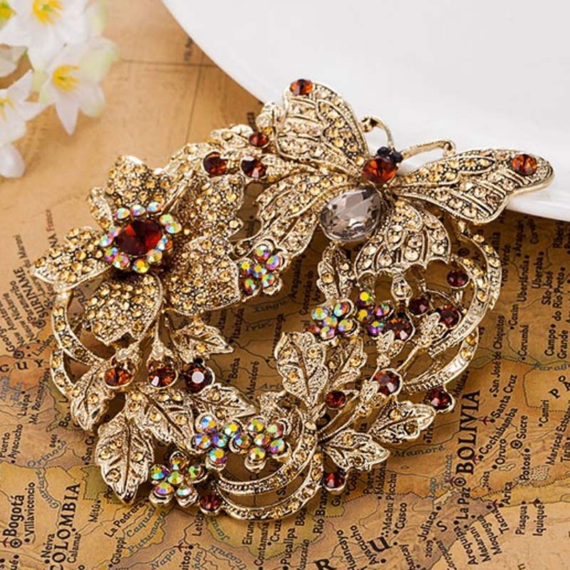 Silver Big Crystal Butterfly Brooch For Women