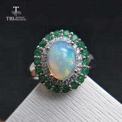 TBJ 925 Sterling Silver Natural Ethiopian Rainbow Opal and Emerald Ring
