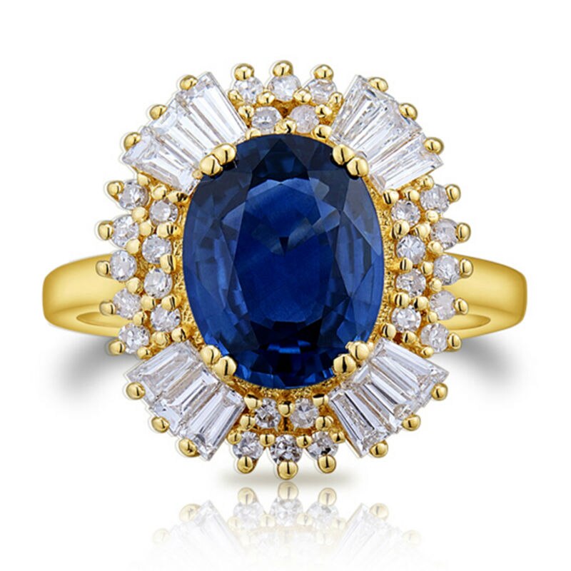 14K Yellow Gold Oval Sapphire and Baguette Diamond Engagement Ring for Women