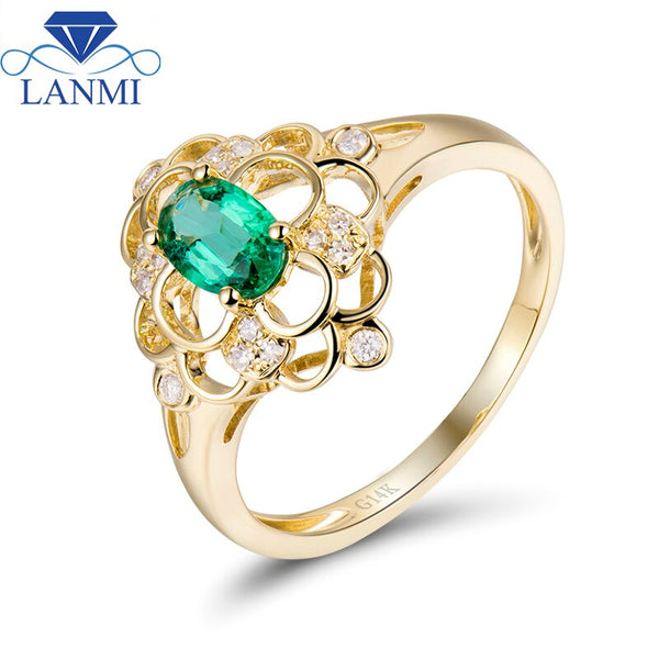 14K Yellow Gold Natural Diamond & Colombian Emerald Ring for Women