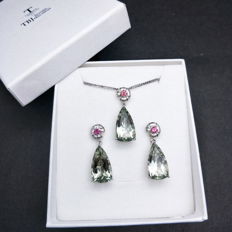 TBJ 925 Sterling Silver Shinning Green Amethyst and Tourmaline Pendant & Earrings Jewelry Set