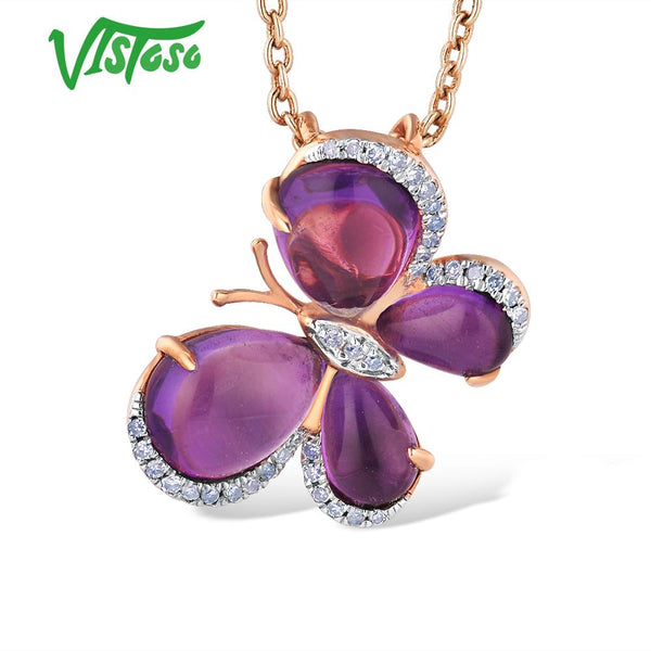 14K Rose Gold Amethyst and Diamond Butterfly Pendant for her