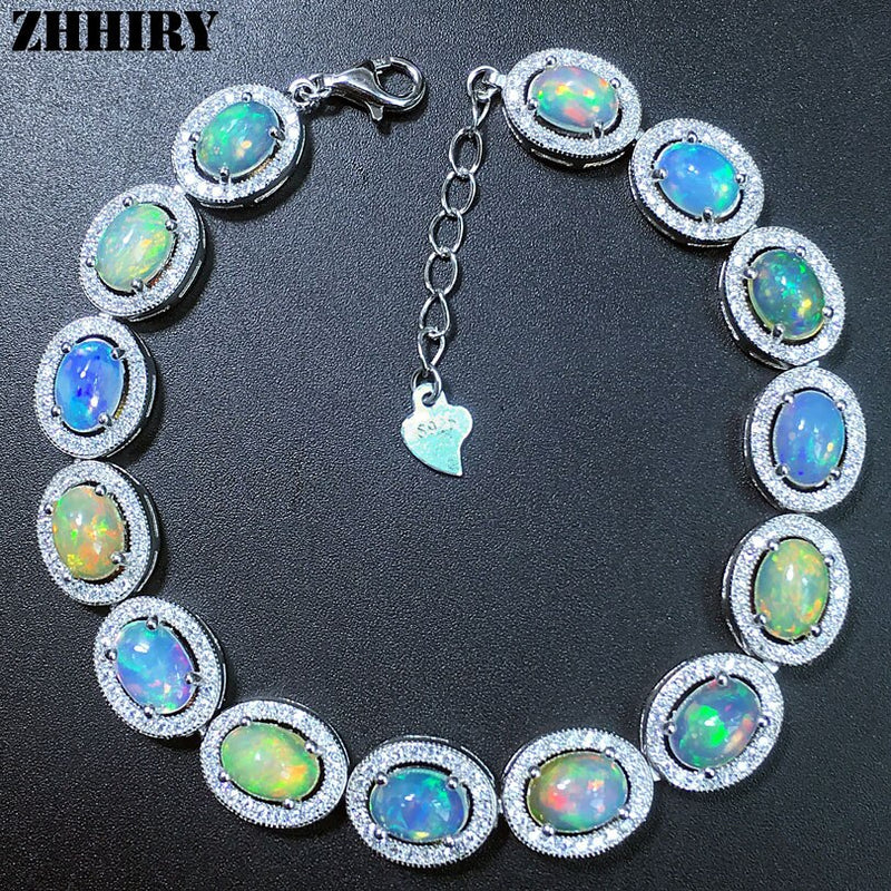 ZHHIRY Genuine Solid 925 Sterling Silver White Fire Color Natural Opal Gemstone Bracelet