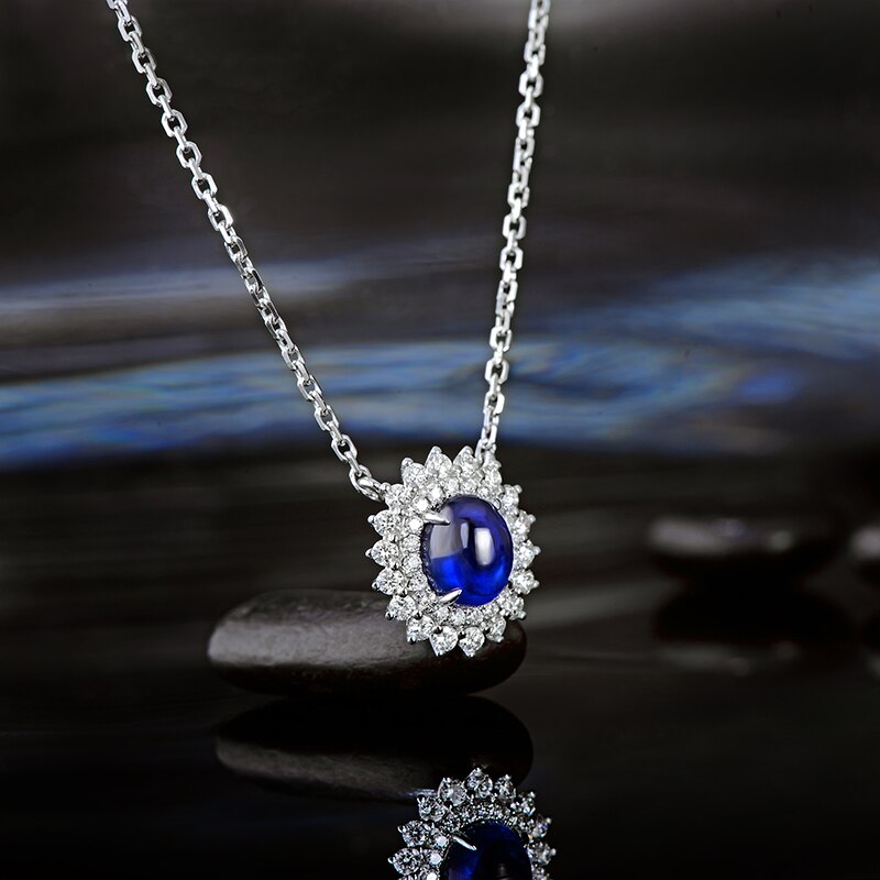 14K White Gold Natural Sapphire Pendant with 0.32ct Diamonds Necklace for Her