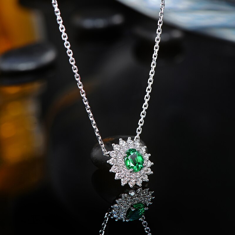 14K White Gold Emerald and Diamond Pendant Necklace for Women