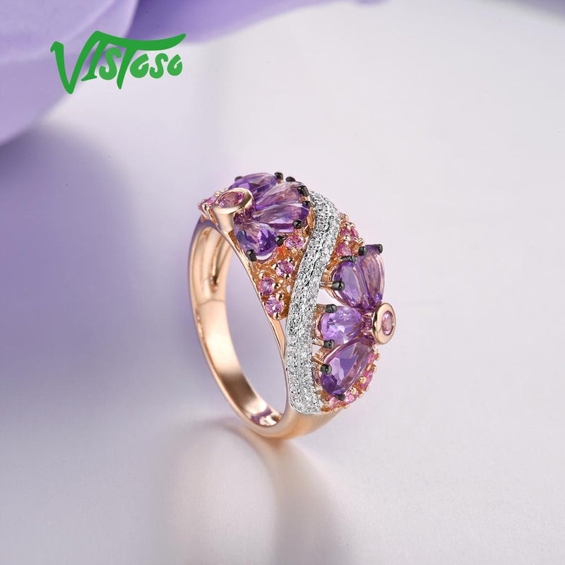 14K Rose Gold Diamond Fancy Pink Sapphire Amethyst Ring for Women