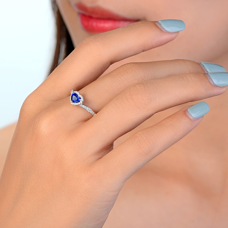 14kt White Gold Blue Sapphire Halo Diamond Engagement Ring for Her