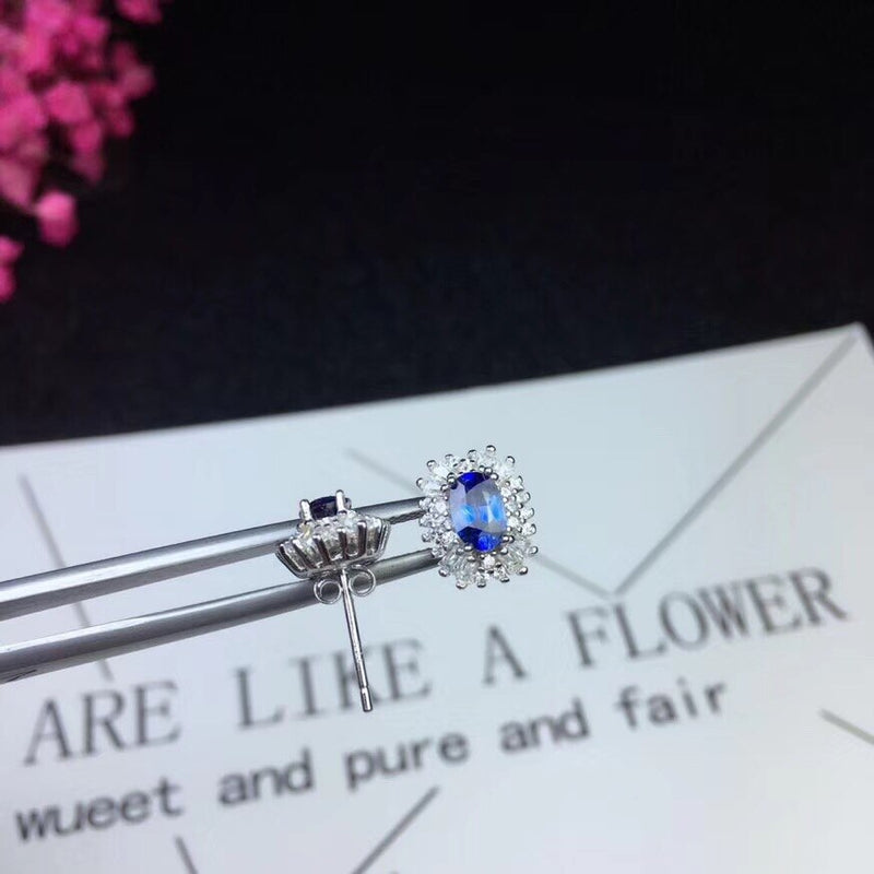 Uloveido 925 Sterling Silver Natural 4*6mm*2 Pcs Blue Sapphire Earrings