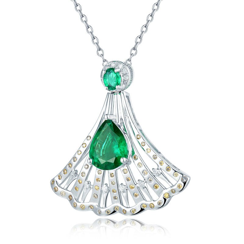 14K White Gold Emerald Fan Shape Pendant Necklace for Women