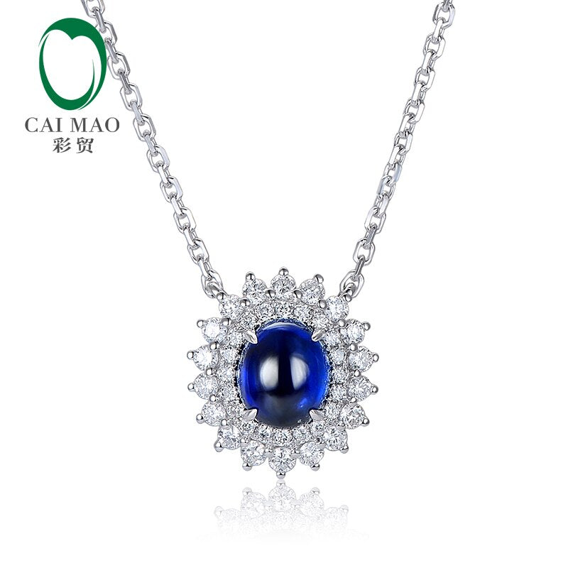 14K White Gold Natural Sapphire Pendant with 0.32ct Diamonds Necklace for Her