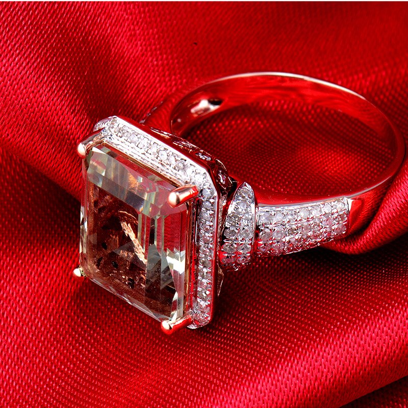 Lanmi 14K Rose Gold Shining Emerald 10x12mm Amethyst Diamond Ring