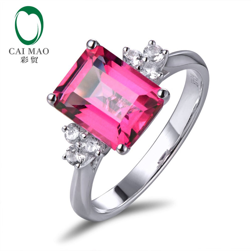 14K White Gold 2.78ct Emerald Cut Pink Topaz and 0.28ct White Sapphire Engagement Ring for Her