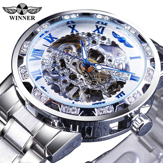 WINNER Transparent Diamond Mechanical Skeleton Blue Dial Design Watch Men Stainless Steel