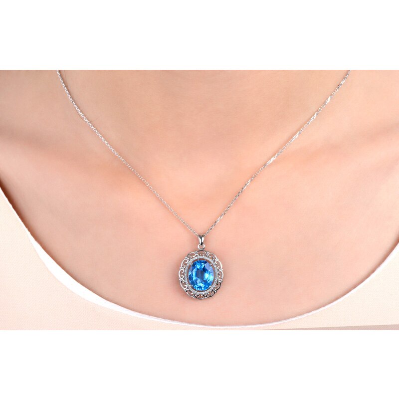 White Gold 6.29ct Swiss Blue Topaz Diamond Pendant for Women