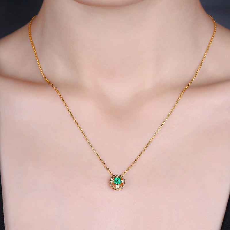 14k Yellow Gold Emerald and Diamond Vintage Pendant for Her