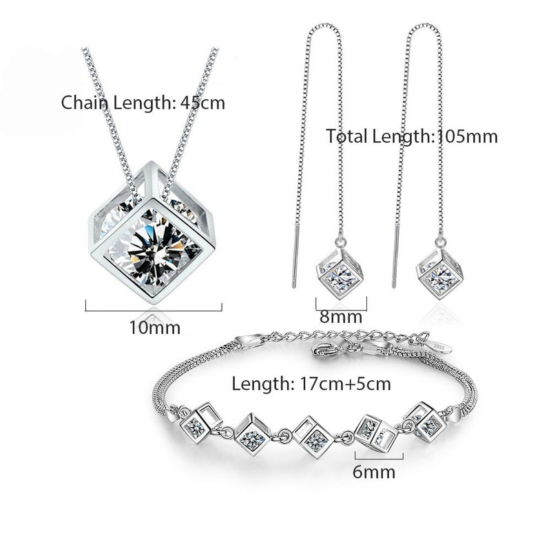 ANENJERY925 Sterling Silver Square Cube Zircon Necklace Earrings & Bracelet Jewelry Set