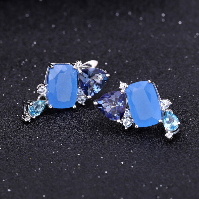 GEMS BALLET 925 Sterling Silver Natural Aqua-blue Calcedony Geometric Ring & Earrings Jewelry Set