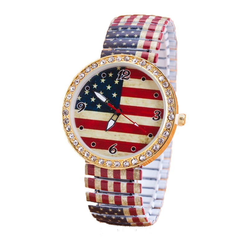 2016 New Luxury Fashion Watch Women Elastic Steel USA Britain Flag Casual Wristwatch Lady Elegant Quartz Clock Relogio Feminino