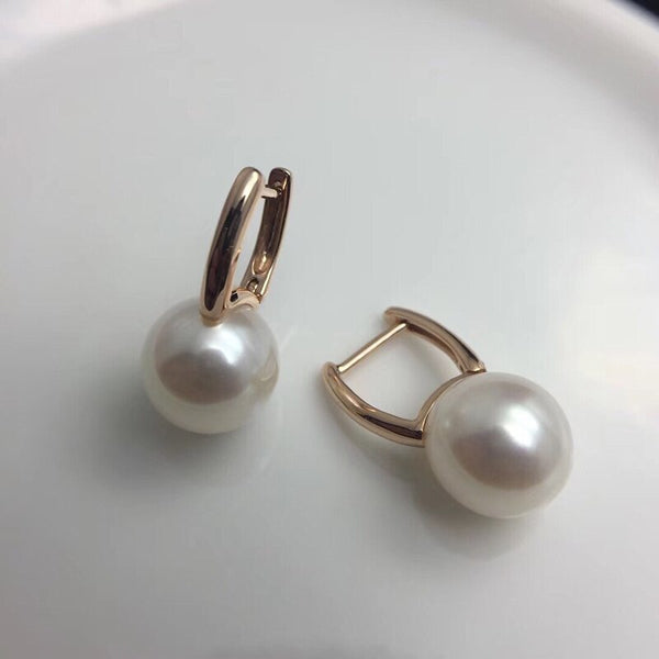 18K Gold Hoop Earrings with 9.5mm Pearls for Women