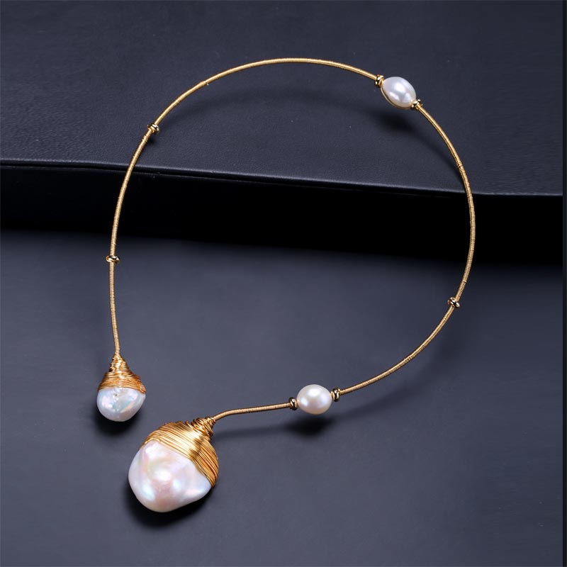 DAIMI Gold & Pearl Collar Baroque Design Torques Necklace 41-43cm