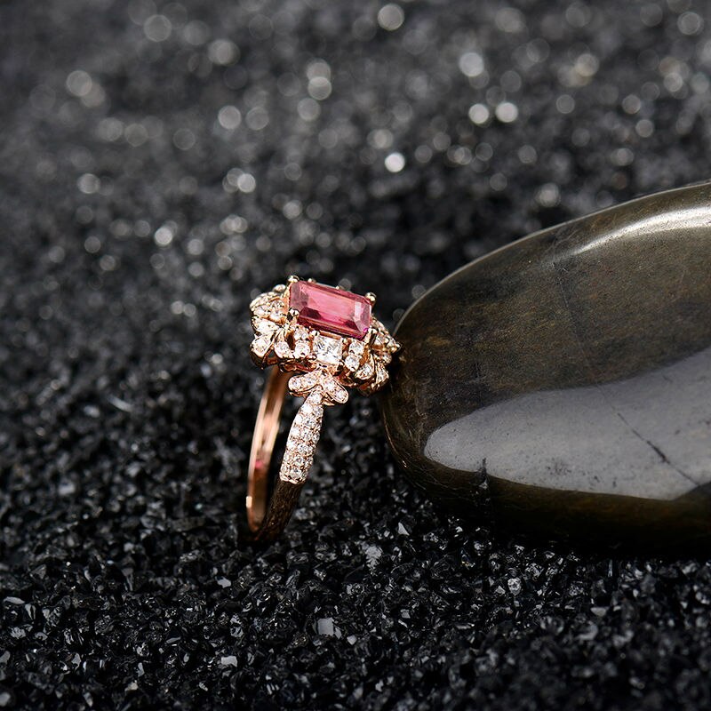 Rose Gold Tourmaline Flower Diamond Ring - Exquisite Emerald Cut & 5X7mm Natural Gemstone FOR HER