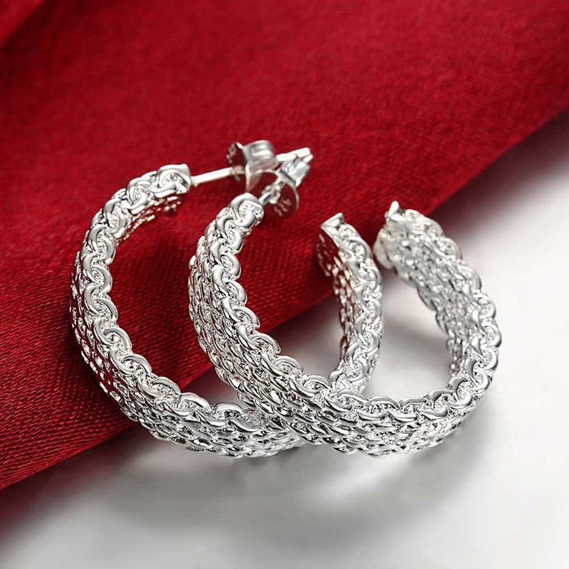 925 Silver Braided Mesh Circle Earrings and Bangle Set for Women