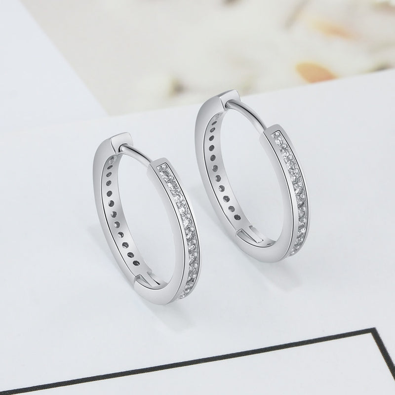 925 Sterling Silver Classic Style Cubic Zirconia Paved Round Hoop Earrings