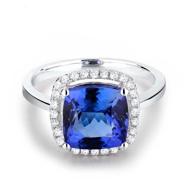 18K White Gold Tanzanite and Diamond Cushion Cut Ring for Women