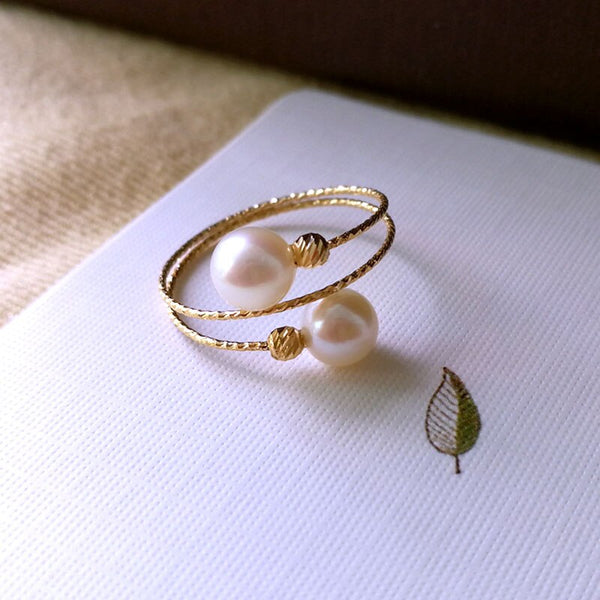 18K Gold Freshwater Pearls Elastic Ring for Women