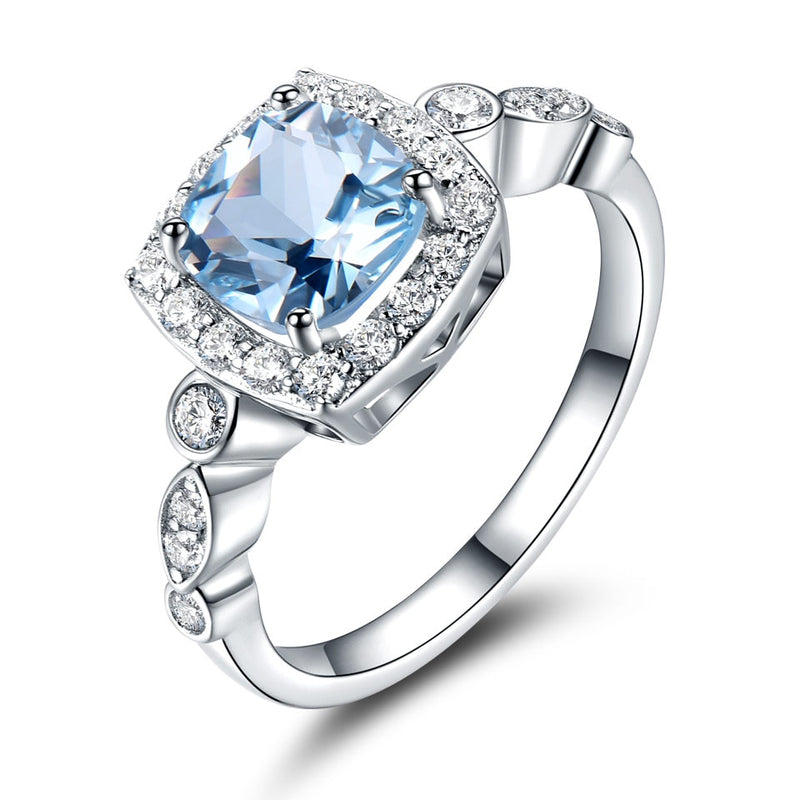 UMCHO 925 Sterling Silver Romantic Sky Blue Topaz Gemstone Aquamarine Cushion Ring