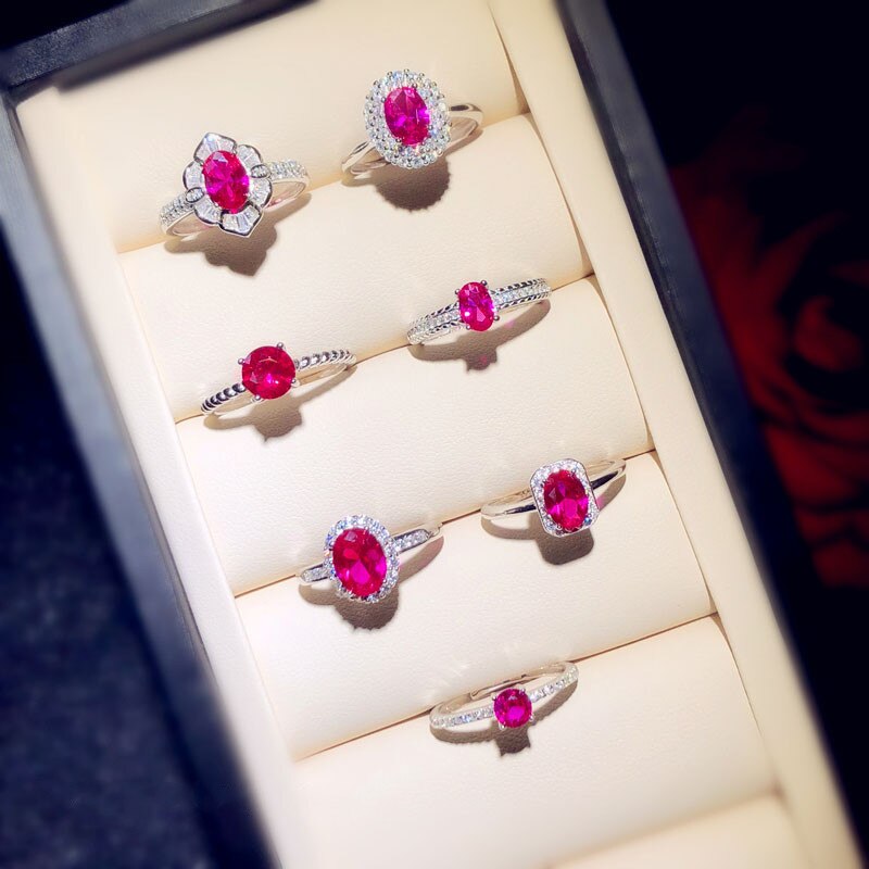 S925 Sterling Silver Vintage Red Ruby Open Rings