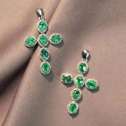 Genuine 925 Sterling Silver Natural Emerald Cross-shaped Necklace Pendant