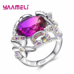 Romantic Carat Fushia CZ Crystal with Flower Design Rings 925 Sterling Silver Cubic Zircon Jewelry for Women Engagement