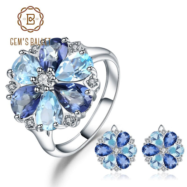 Sterling Silver Sky Blue Topaz Mystic Quartz Flower Earrings and Ring Set for Her