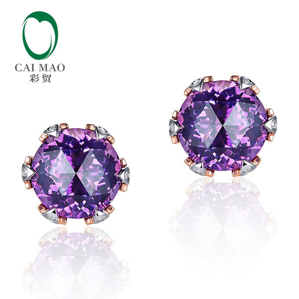 14k Rose and White Gold Amethyst Stud Earrings with Diamonds for Women