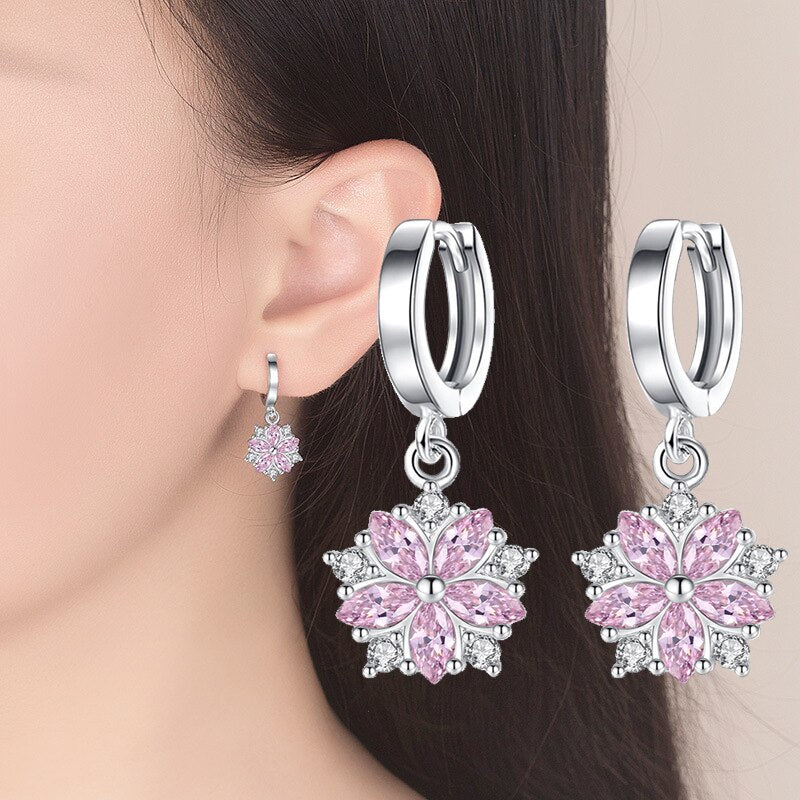 Fanqieliu Real 925 Sterling Silver Drop Earrings For Women Crystal Pink Vintage Flower Dangler Jewelry Wedding Girl FQL193219