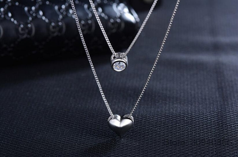 925 Sterling Silver Double Layers Collarbone CZ Love-heart Pendant Chain Necklace