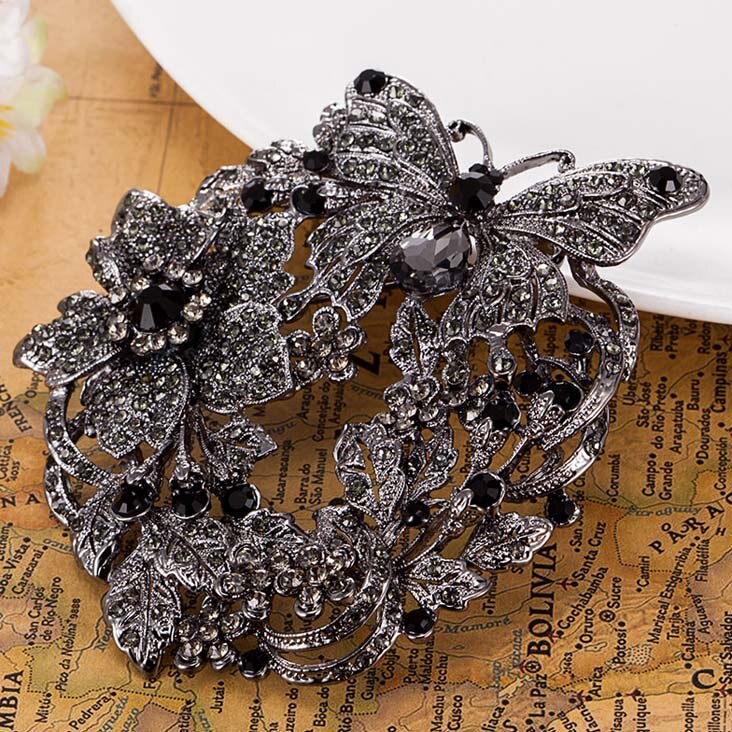 Silver Big Crystal Butterfly Brooch For Women