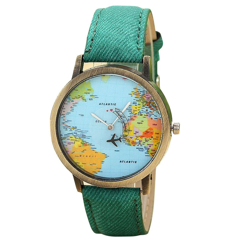 New Global Travel By Plane Map Women Dress Watch Denim Fabric Band Fashionable and simple casual womens leather wristwatches Fi