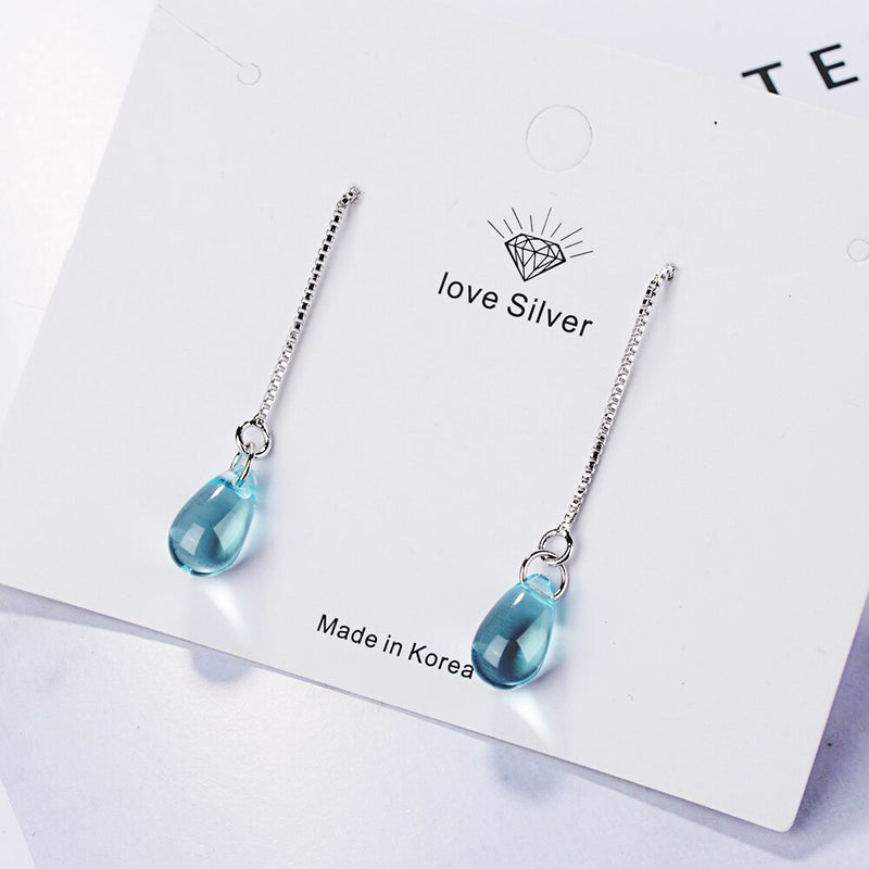 Anenjery 925 Sterling Silver Artificial Blue Crystal Water Drop Tassel Chain Earrings