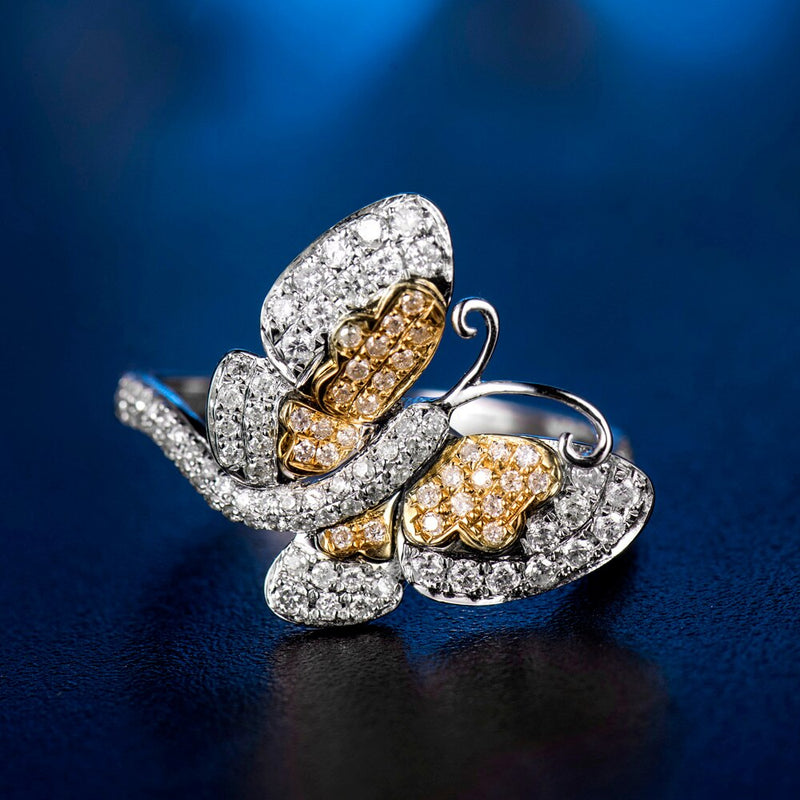 18K Two Tone Gold Diamond Butterfly Ring for Women