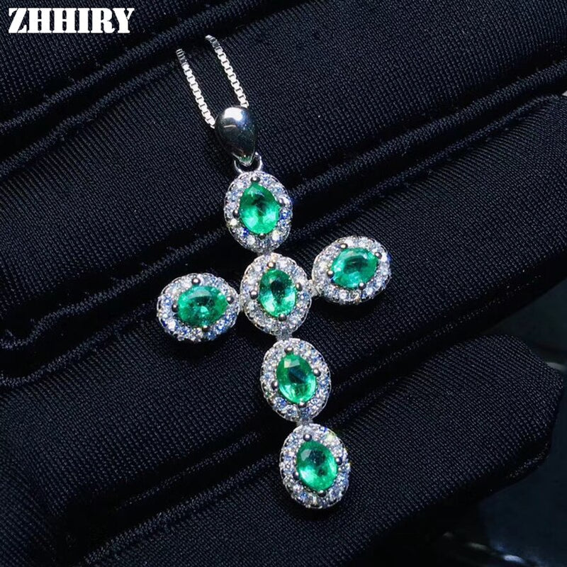ZHHIRY Genuine 925 Sterling Silver Natural Emerald Cross Shape Necklace Pendant