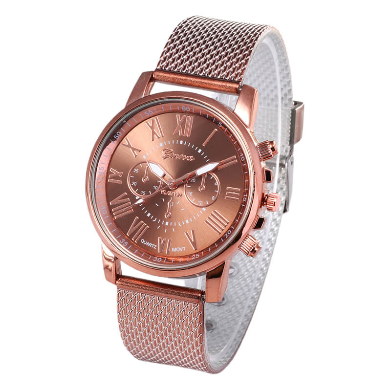 Foloy High-Quality Digital Geneva Roman Numerals Faux Leather Analog Quartz Ladies Watch