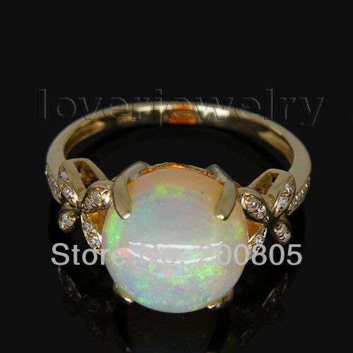 FANTASY 14K Yellow Gold Natural10mm Round Opal Diamond Ring