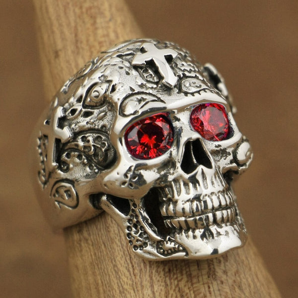 Sterling Silver Skull Ring with Colorful Zircon Eyes for Men