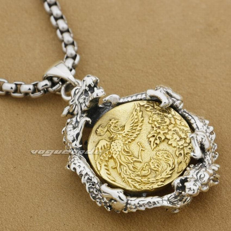 Sterling Silver Dragon & Brass Phoenix Pendant for Men